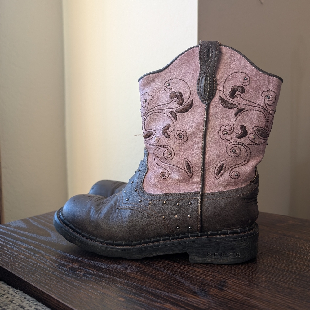 Roper Girls Saddle Light Up Pink Brown Embroidered Cowgirl Western Boots